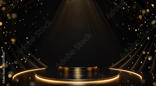 Abstract black background with golden lighting, podium and abstract trophy for award ceremony