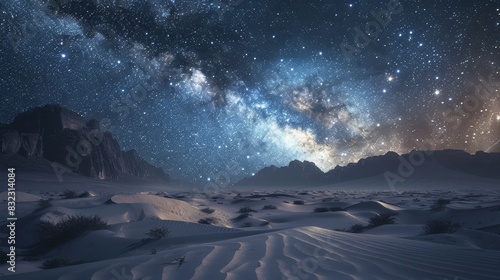 Stunning night desert landscape under the Milky Way  with clear starry skies  sand dunes  and mountain silhouette.