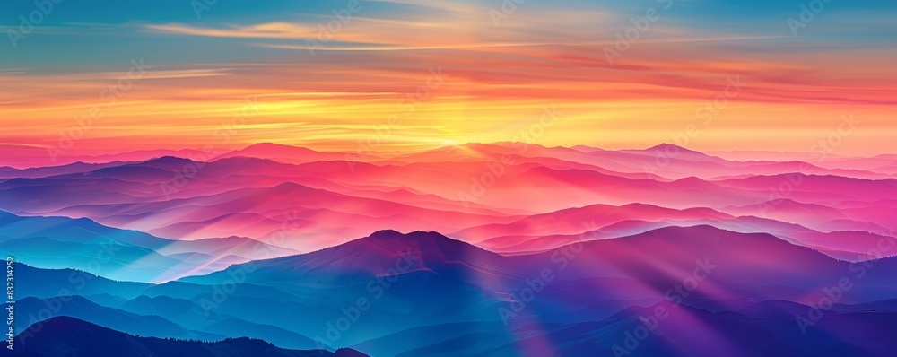 Stunning sunrise over misty mountains with colorful sky, showcasing the beauty of nature's vibrant hues and the tranquility of the early morning light.