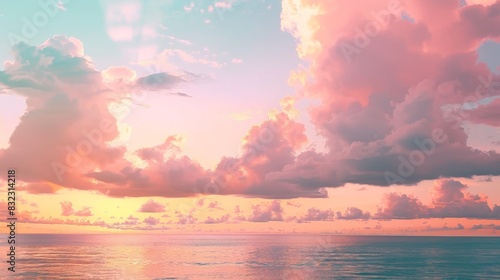 Stunning pastel sunset over calm ocean with fluffy pink clouds and serene water reflecting the colorful sky. Dreamlike and tranquil atmosphere.