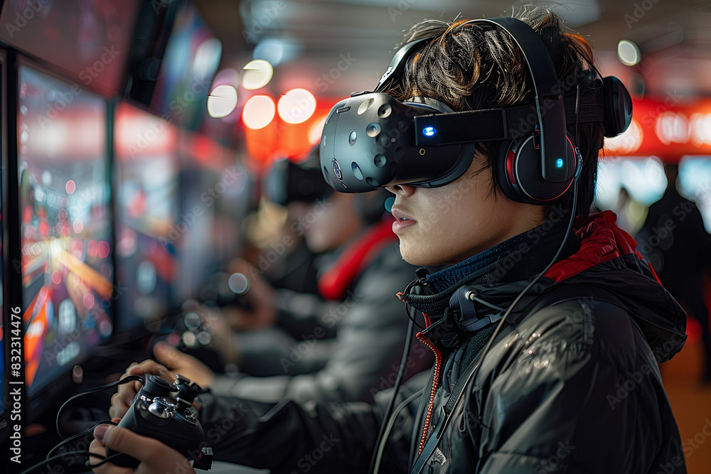 Virtual reality gaming setup with a player wearing a headset and using motion controllers Virtual reality gaming setup with a player wearing a headset and using motion controllers