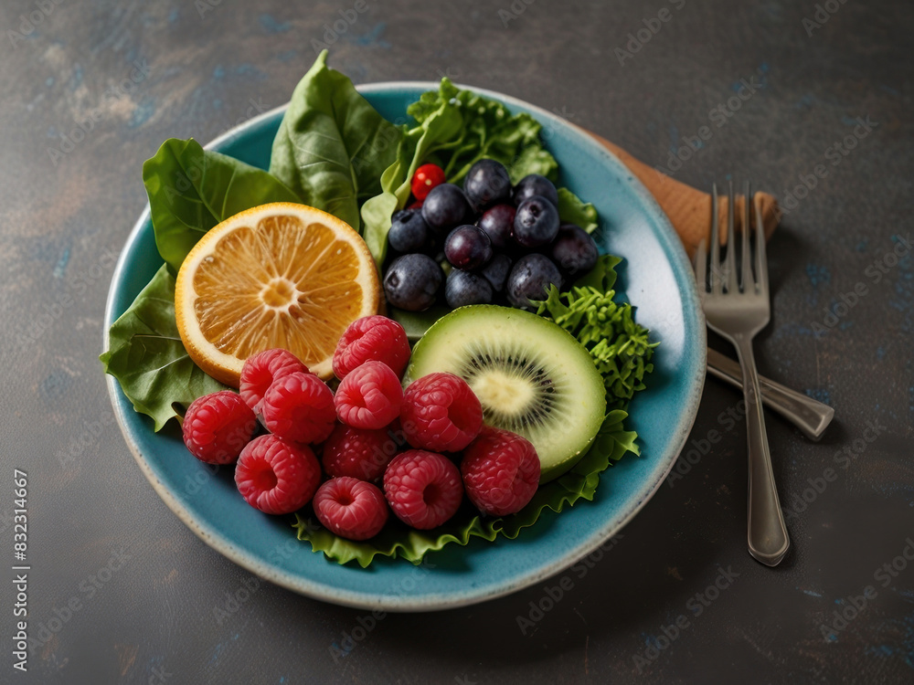 A plate filled with kidney-friendly foods, such as leafy greens, berries, fish, and nuts, highlighting the role of nutrition in maintaining kidney health. with Generative AI Technology A plate filled with kidney-friendly foods, such as leafy greens, berries, fish, and nuts, highlighting the role of nutrition in maintaining kidney health. with Generative AI Technology