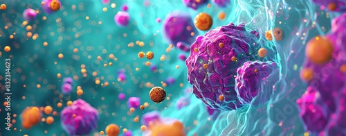 Electron microscope view of violet and pink cancer cells with orange and yellow particles, turquoise background, closeup shot photo