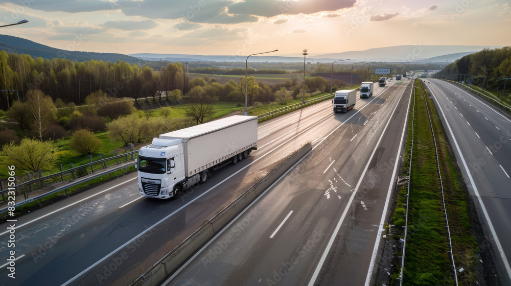 Convoy of white trucks on a scenic highway at sunset Convoy of white trucks on a scenic highway at sunset