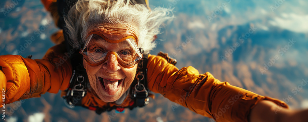 Obraz premium close-up of an old woman grandmother skydiving. She has her tongue out with joy as if it were the best moment of her life. Bucket list and staying young concept.
