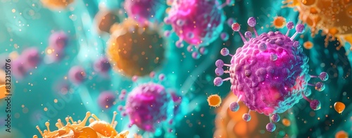 Electron microscope view of violet and pink cancer cells with orange and yellow particles, turquoise background, closeup shot, 3D rendering illustration photo
