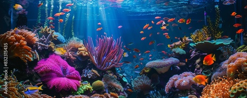 Vibrant underwater coral reef scene with colorful fish  diverse marine life  and beautiful aquatic plants illuminated by sunlight.