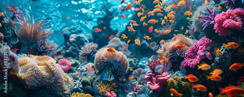Vibrant underwater coral reef teeming with colorful fish and diverse marine life in a crystal-clear blue ocean, showcasing the beauty of the sea.