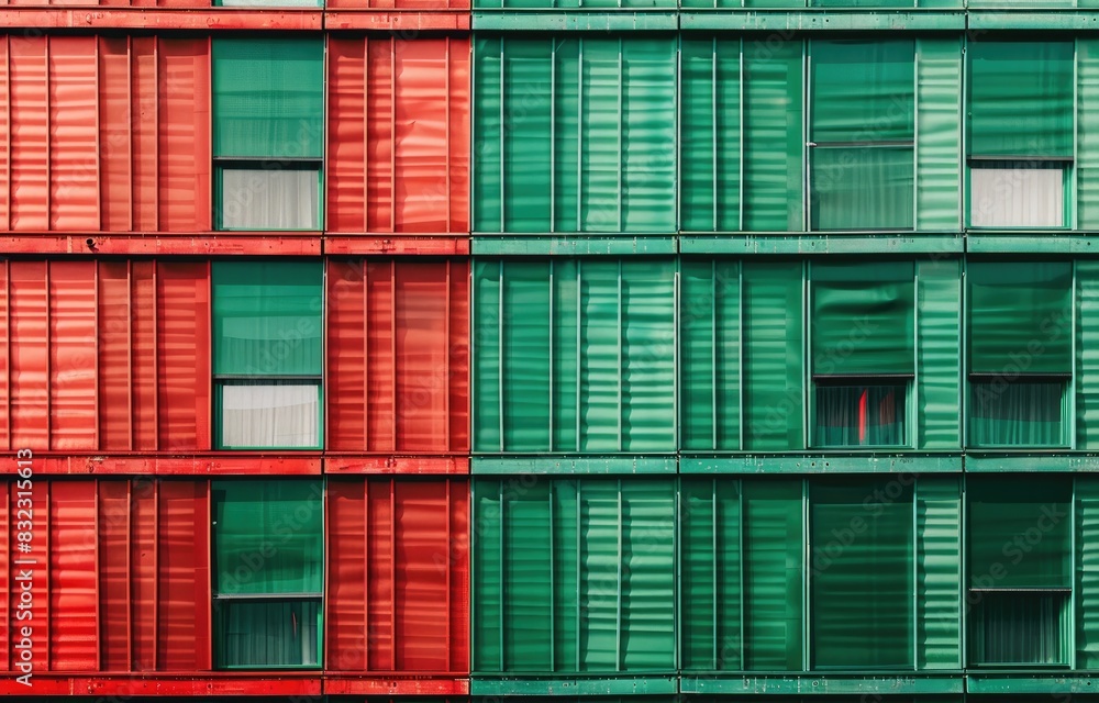 a image of a building with many windows and a red and green facade a image of a building with many windows and a red and green facade