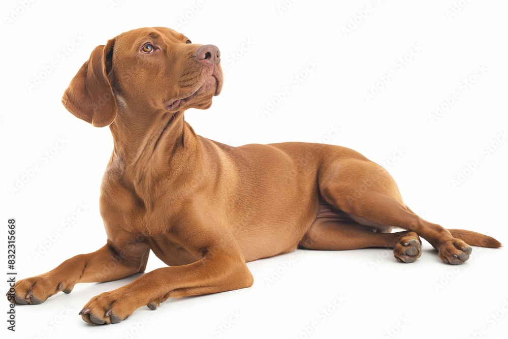 In a studio photo, a friendly Hungarian Vizsla dog is captured pulling a funny face, radiating charm and playfulness. This portrait perfectly captures the lovable and humorous nature of the dog. In a studio photo, a friendly Hungarian Vizsla dog is captured pulling a funny face, radiating charm and playfulness. This portrait perfectly captures the lovable and humorous nature of the dog.