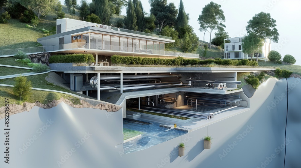 Fototapeta premium A detailed visualization of an underground geothermal heating and cooling system serving an entire green residential area.