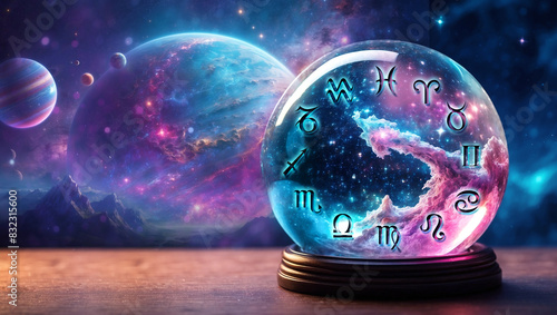 crystal ball with nebula and  all zodiac signs and a planet in background like planetary astrology concept 