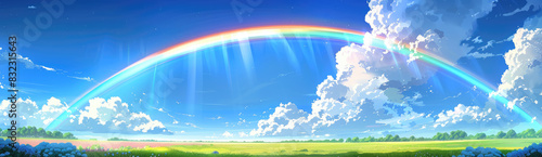 A rainbow appears in the sky  with blue and white clouds floating above the green grassland where hydrangeas are blooming on both sides