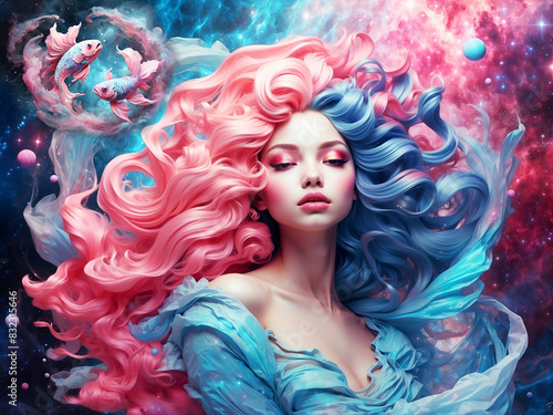astrology illustration of beautiful woman in pink, blue and aquamarine and the zodiac sign of Pisces