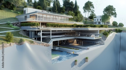 A detailed visualization of an underground geothermal heating and cooling system serving an entire green residential area.
