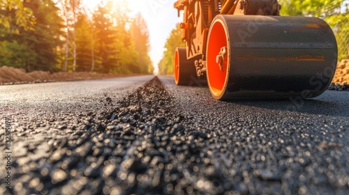 Close-up of a steamroller paving a new asphalt road through a forested area with sunlight in the background. photo