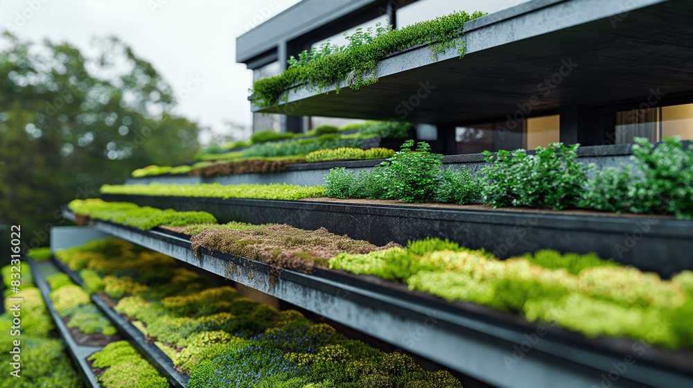 A close-up of a green roof system on a modern home, showing layers of waterproofing, soil, and a variety of drought-resistant plants.