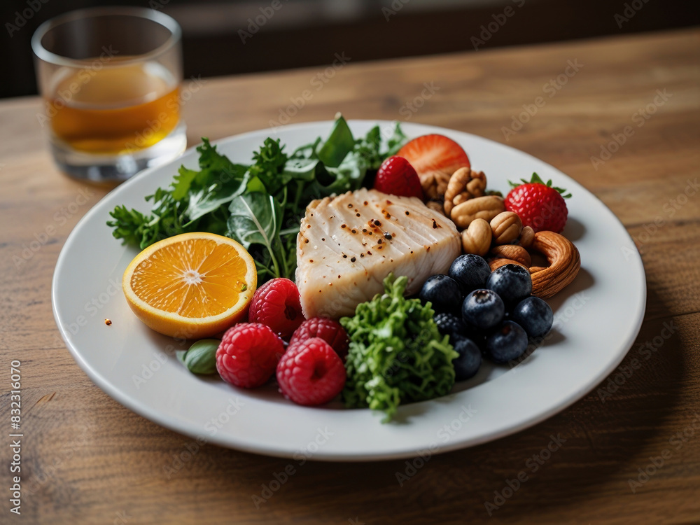A plate filled with kidney-friendly foods, such as leafy greens, berries, fish, and nuts, highlighting the role of nutrition in maintaining kidney health. with Generative AI Technology A plate filled with kidney-friendly foods, such as leafy greens, berries, fish, and nuts, highlighting the role of nutrition in maintaining kidney health. with Generative AI Technology