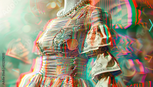 3D financethemed closeup featuring clothing crafted from colorful banknotes and coins close up, dynamic, Overlay, fashion runway photo