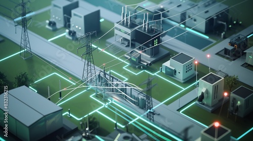A diagrammatic image of a smart grid infrastructure, showing the flow of energy from producers to consumers, including substations and transformers