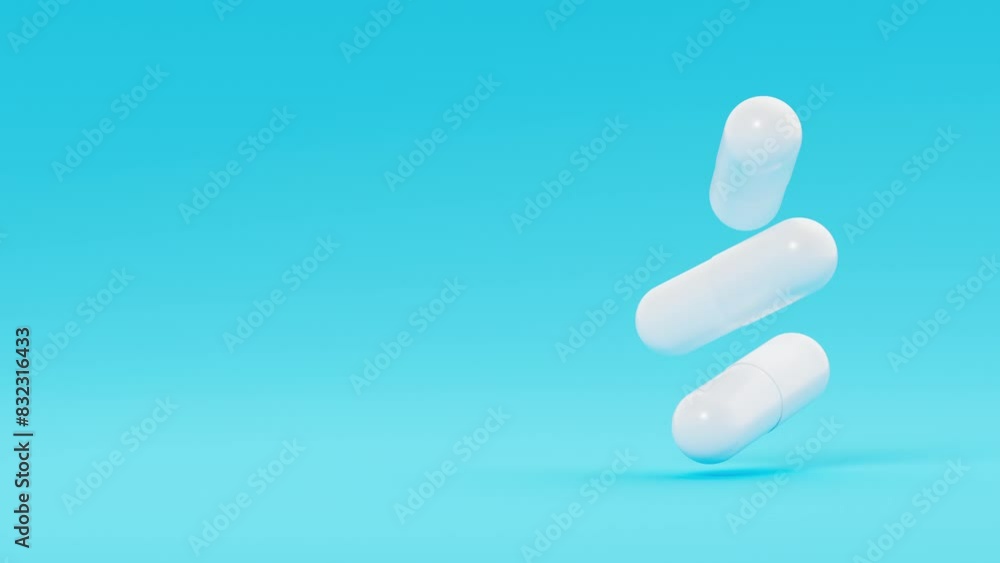 Animation of white medicine capsules rotating against blue backdrop. Medical research, science concept. 3d render animation loopable Animation of white medicine capsules rotating against blue backdrop. Medical research, science concept. 3d render animation loopable