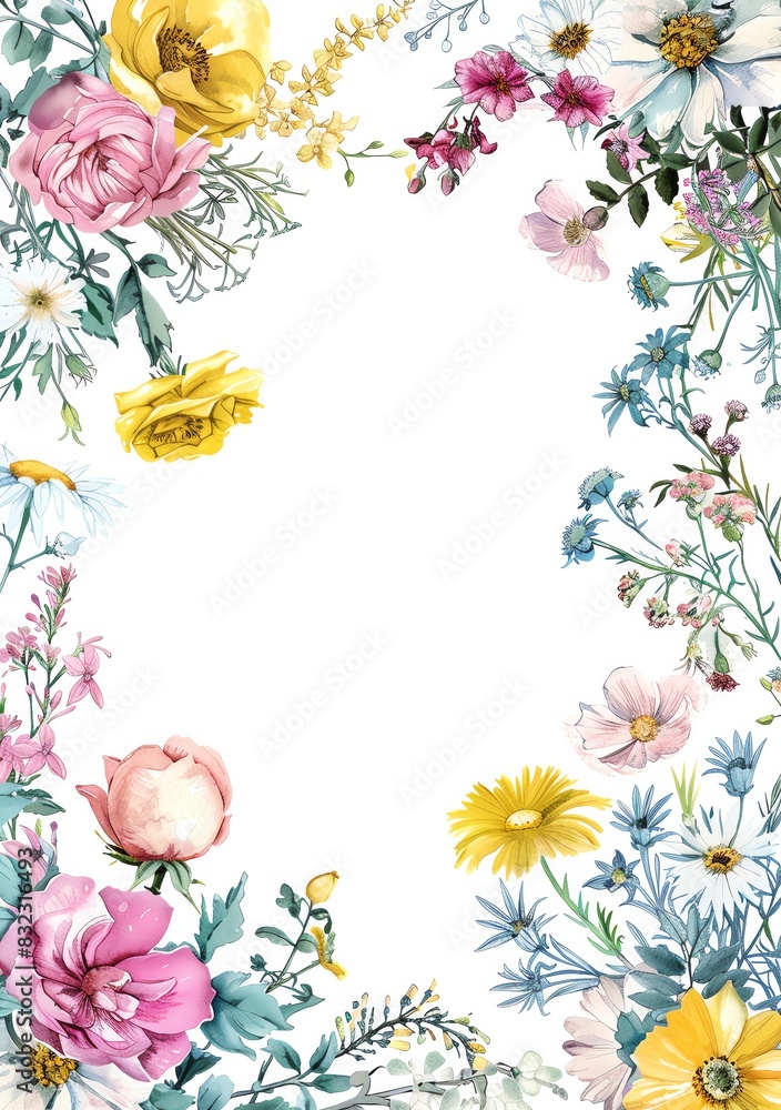 floral frame with pastel flowers on white background, isolate