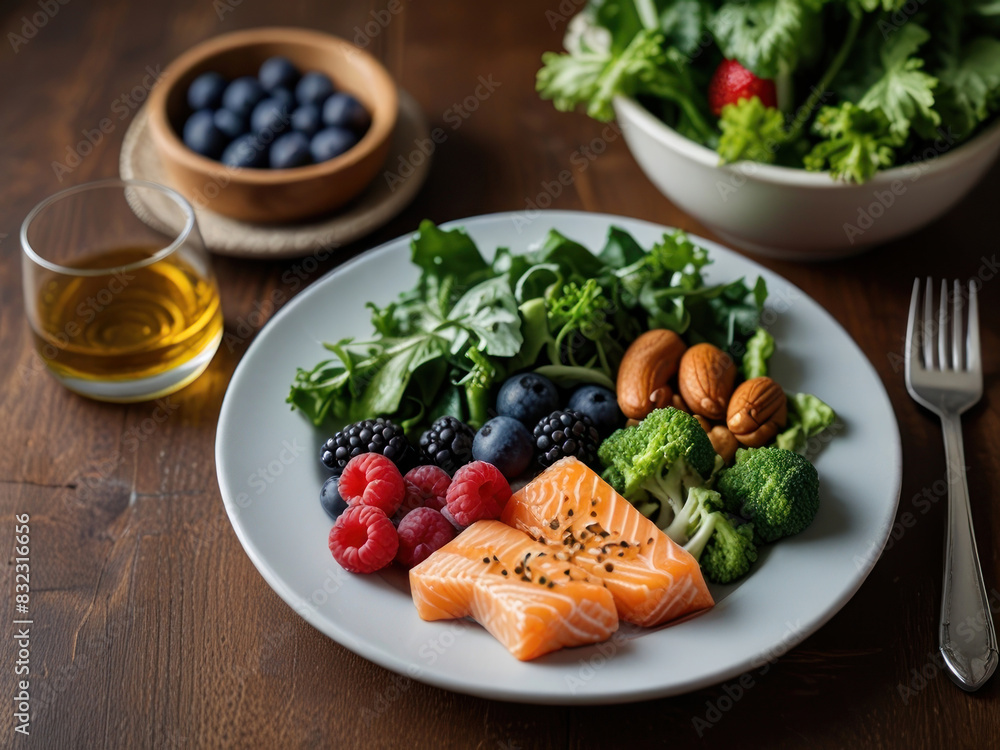 A plate filled with kidney-friendly foods, such as leafy greens, berries, fish, and nuts, highlighting the role of nutrition in maintaining kidney health. with Generative AI Technology A plate filled with kidney-friendly foods, such as leafy greens, berries, fish, and nuts, highlighting the role of nutrition in maintaining kidney health. with Generative AI Technology
