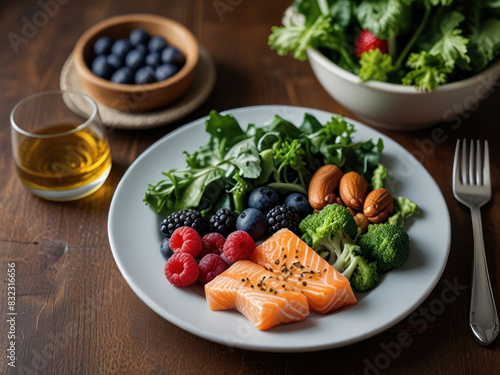 A plate filled with kidney-friendly foods  such as leafy greens  berries  fish  and nuts  highlighting the role of nutrition in maintaining kidney health. with Generative AI Technology