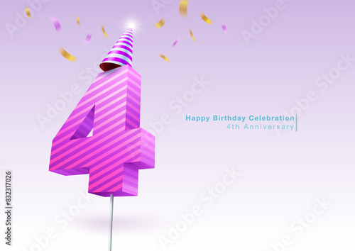 Celebrating 4th anniversary. 3D pastel colored candle number 4 wearing a party hat. Multi-colored ribbons were scattered behind. Use for birthdays, weddings, company anniversaries. Vector file.
