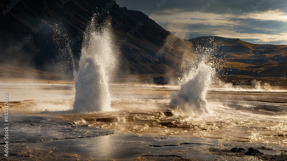 A dramatic landscape of geysers and hot springs, naturally occurring phenomena associated with geothermal activity, with the focus on the raw power and beauty of these features. A dramatic landscape of geysers and hot springs, naturally occurring phenomena associated with geothermal activity, with the focus on the raw power and beauty of these features.