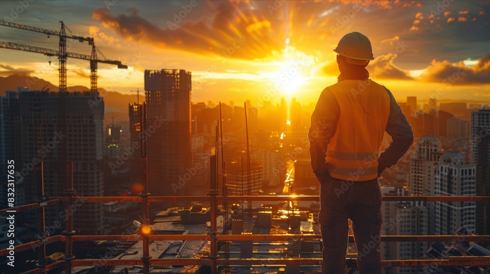 Construction worker observing progress at bustling building site Construction worker observing progress at bustling building site