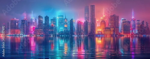 City skyline at night with glowing neon lights and towering skyscrapers, vibrant colors, digital art, futuristic and hightech, © NeeArtwork