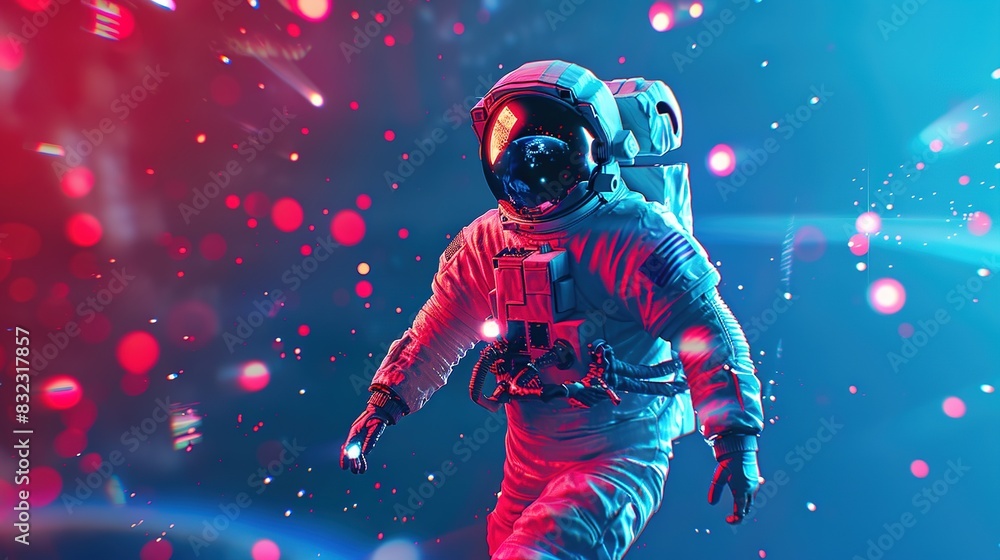 Dynamic Minimalist Digital Illustration: Astronaut Walking on Blue Background with Red Light Reflections Dynamic Minimalist Digital Illustration: Astronaut Walking on Blue Background with Red Light Reflections