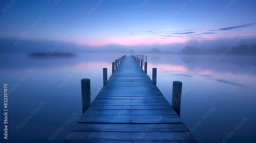 Obraz premium A long wooden pier extends into the calm lake at dawn, surrounded by serene blue and purple hues of sky and water, creating an atmosphere of tranquility and peace.
