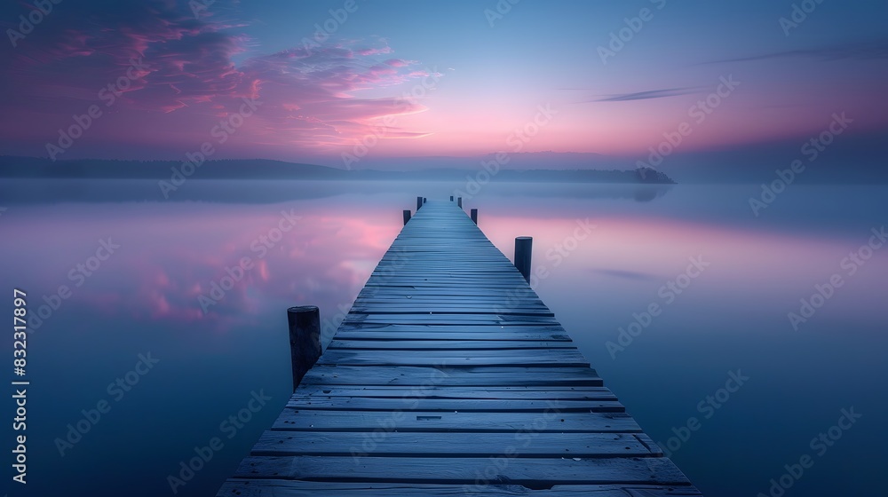 Obraz premium A long wooden pier extends into the calm lake at dawn, surrounded by serene blue and purple hues of sky and water, creating an atmosphere of tranquility and peace.