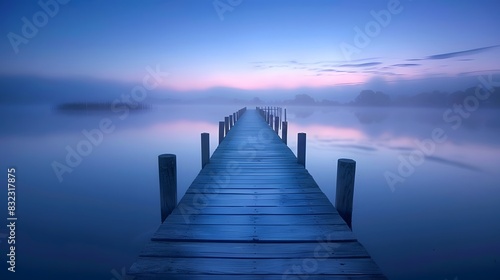 A long wooden pier extends into the calm lake at dawn, surrounded by serene blue and purple hues of sky and water, creating an atmosphere of tranquility and peace.