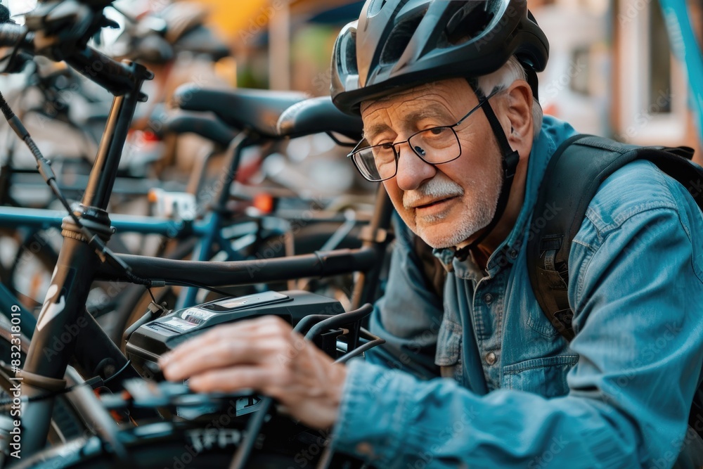 a image of a man with a helmet on sitting next to a bunch of bikes a image of a man with a helmet on sitting next to a bunch of bikes