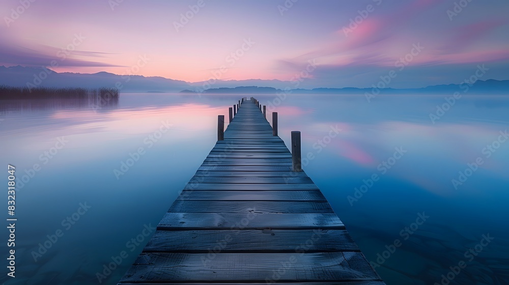 Naklejka premium A long wooden pier extends into the calm lake at dawn, surrounded by serene blue and purple hues of sky and water, creating an atmosphere of tranquility and peace.
