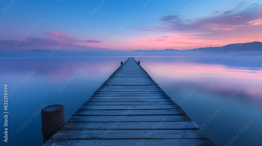 Naklejka premium A long wooden pier extends into the calm lake at dawn, surrounded by serene blue and purple hues of sky and water, creating an atmosphere of tranquility and peace.