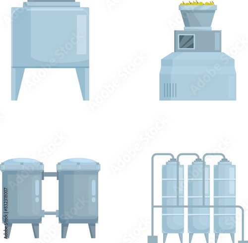 Vector illustration of four industrial machinery and storage icons isolated on white background