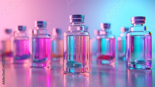 Vials of different colors with pills and liquid inside, a group of medical vial bottles on a table, pink purple and blue color background, high resolution, high quality