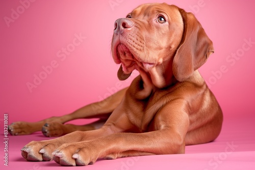 Full body studio portrait of a beautiful Hungarian vizsla dog. The dog lying down and looking up over pastel yellow-coloured background  radiating charm and playfulness.