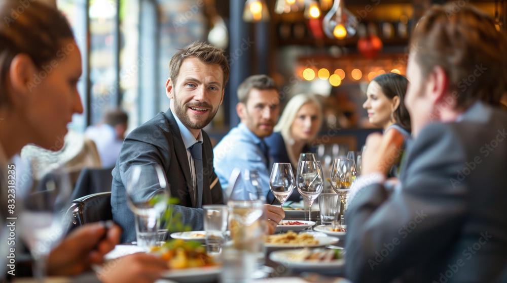 Engaged Corporate Lunch Meeting in a Stylish Restaurant with Business Attire and Dynamic Conversation