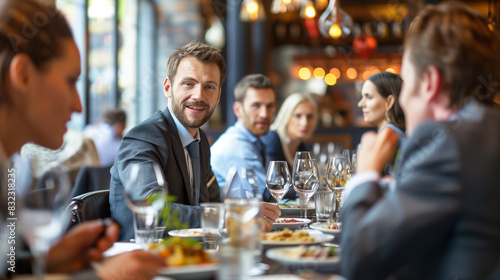 Engaged Corporate Lunch Meeting in a Stylish Restaurant with Business Attire and Dynamic Conversation
