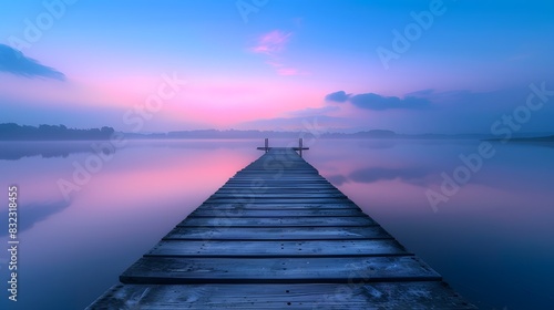 A long wooden pier extends into the calm lake at dawn, surrounded by serene blue and purple hues of sky and water, creating an atmosphere of tranquility and peace. © horizor