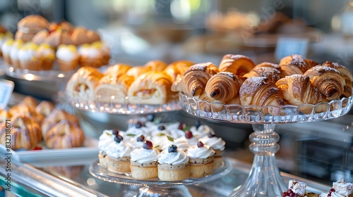 A luxury hotel breakfast bar featuring an array of pastries, cakes and desserts. A soft focus background adds to the luxurious ambiance.