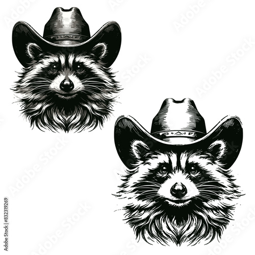 Vintage illustration of western raccoon with a cowboy hat
