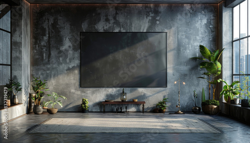 A black television is on a wall in a room with a large window by AI generated image