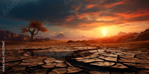 Global warming causes a cracked barren land leading to a disappearing ecosystem. Concept Climate Change, Environmental Destruction, Ecosystem Collapse, Land Degradation, Global Warming