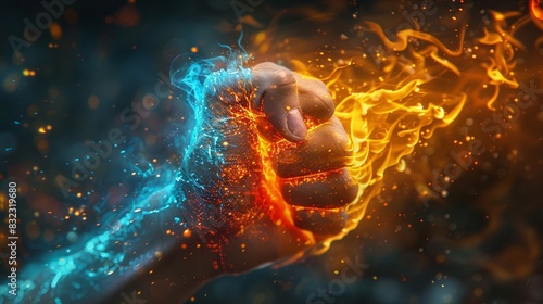Hand clenched in flames and blue aura symbolizing power and determination photo